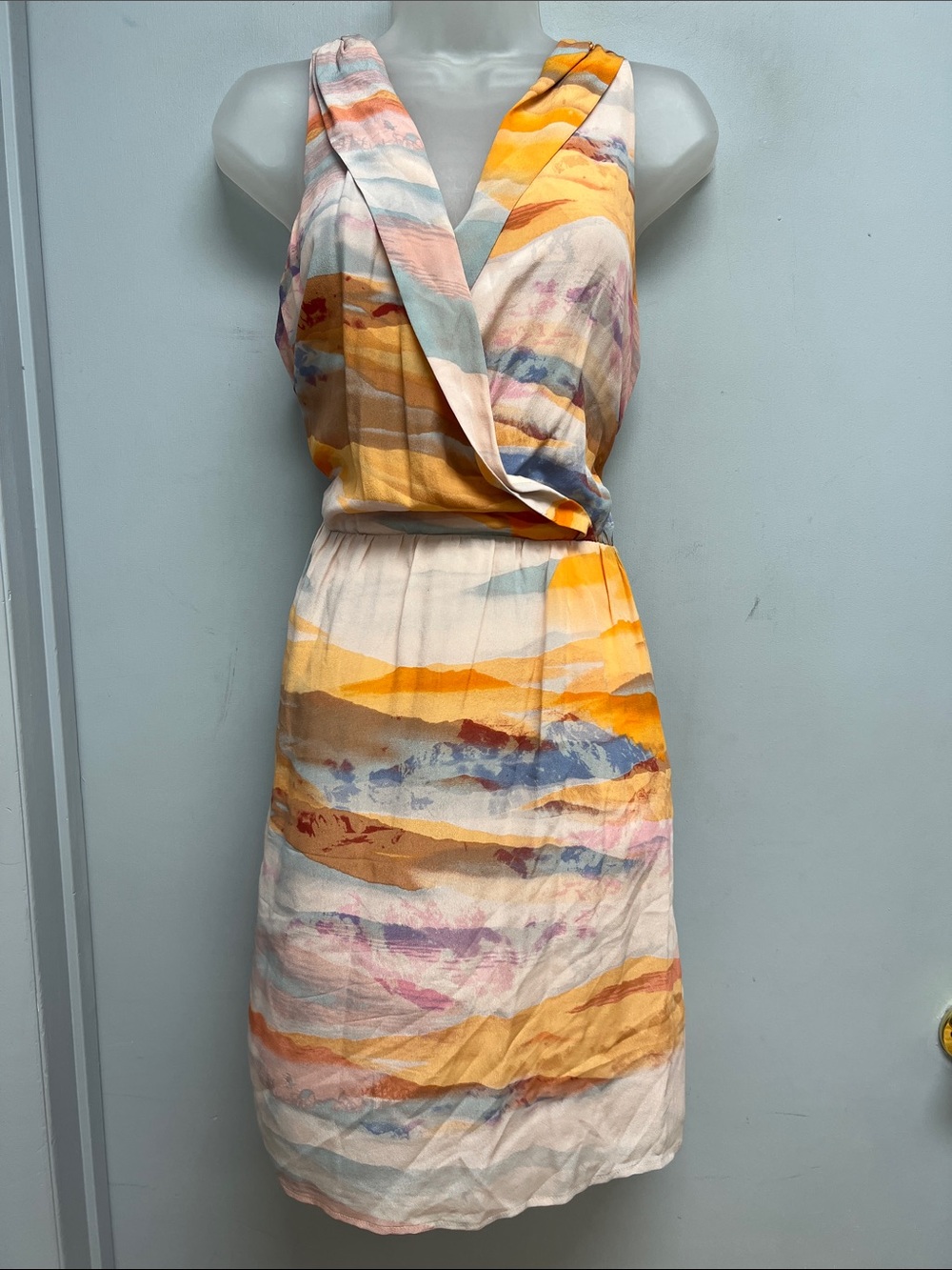 Anthropologie Harlyn Silk Abstract Watercolor Faux Wrap Dress Size Medium